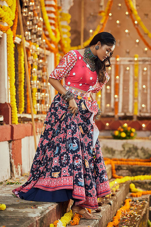 Shubhkala Black Maslin Cotton Digital Printed Work Navratri Lehenga